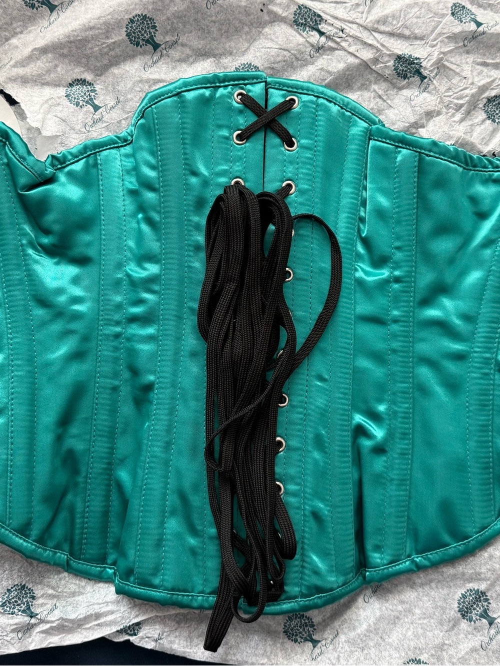 Orchard Corset authentic steel-boned satin underbust corset Emerald/ Teal Satin